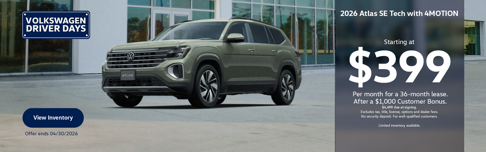 2026 Atlas SE Tech Lease- Driver Days